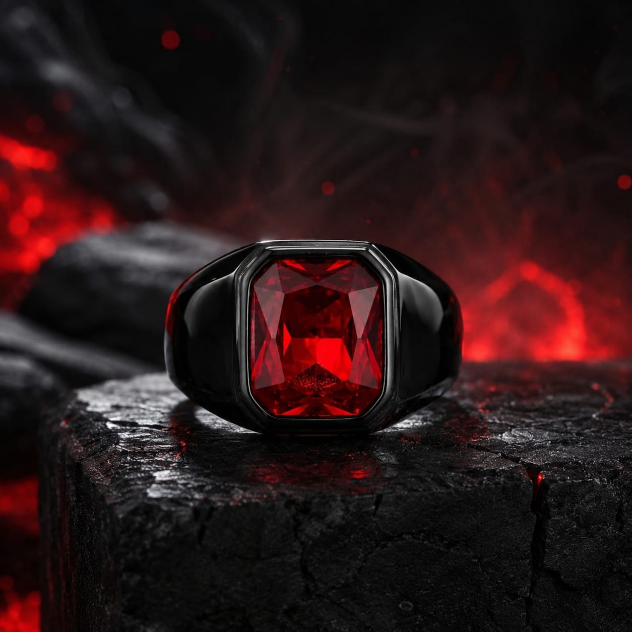 BLACK ONYX POWER RING WITH RED GEMSTONE