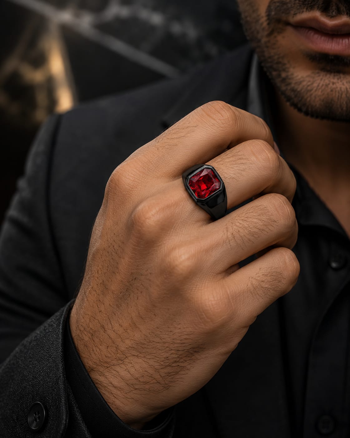BLACK ONYX POWER RING WITH RED GEMSTONE